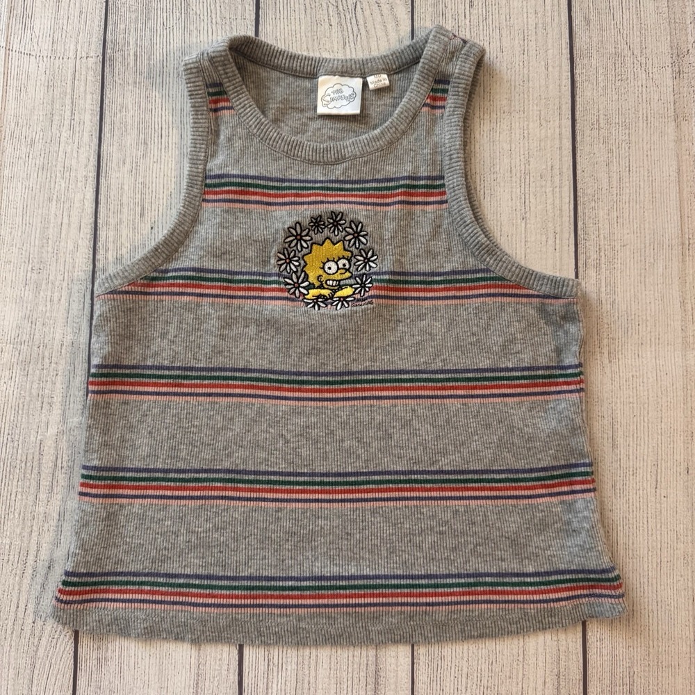 The Simpsons Lisa Simpson Women's Medium Gray Striped Ribbed Tank Top Y2K